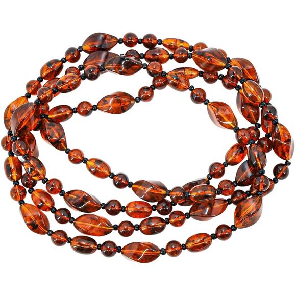 Vintage Endless Lucite Faux Amber Tortoiseshell Necklace 2 Strands Connected - Picture 5 of 7